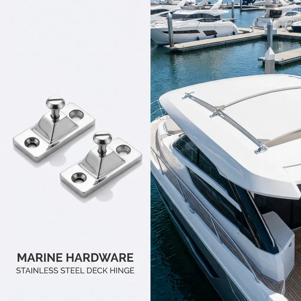 A split image showing the deck hinges and their application on a luxury yacht's bimini top support rails.