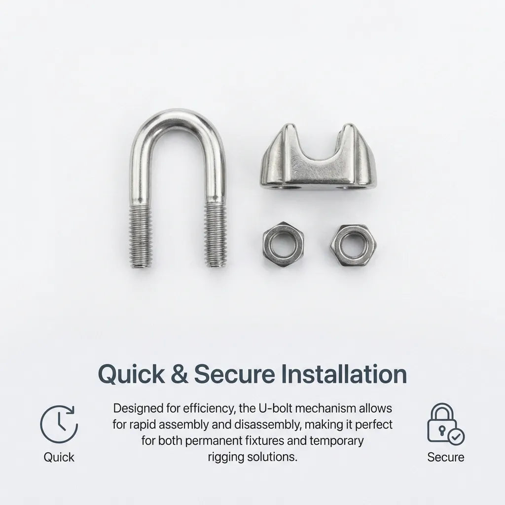 Exploded view showing the individual components of the wire rope clamp: U-bolt, anti-skid saddle, and two locking nuts for quick assembly.
