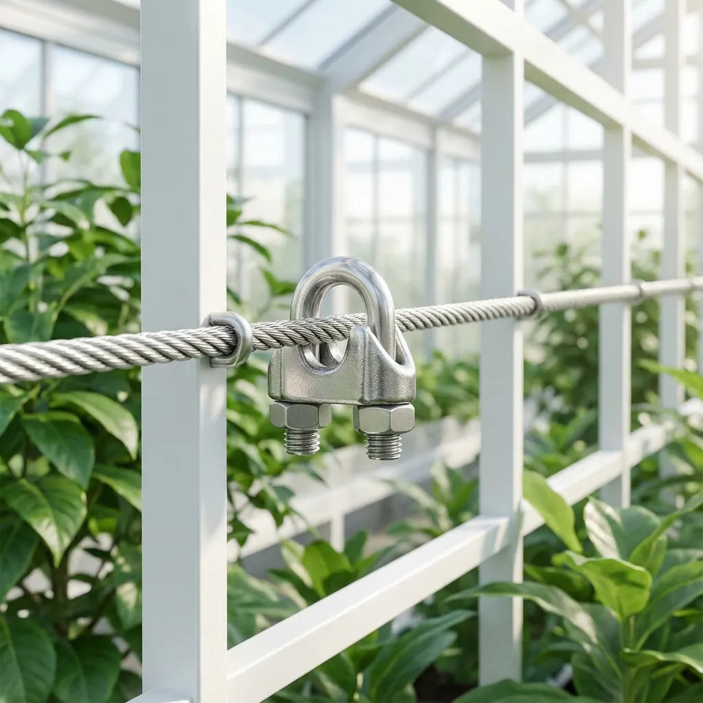 Industrial wire rope clamp used in a greenhouse environment to secure structural support cables for plant trellis systems.