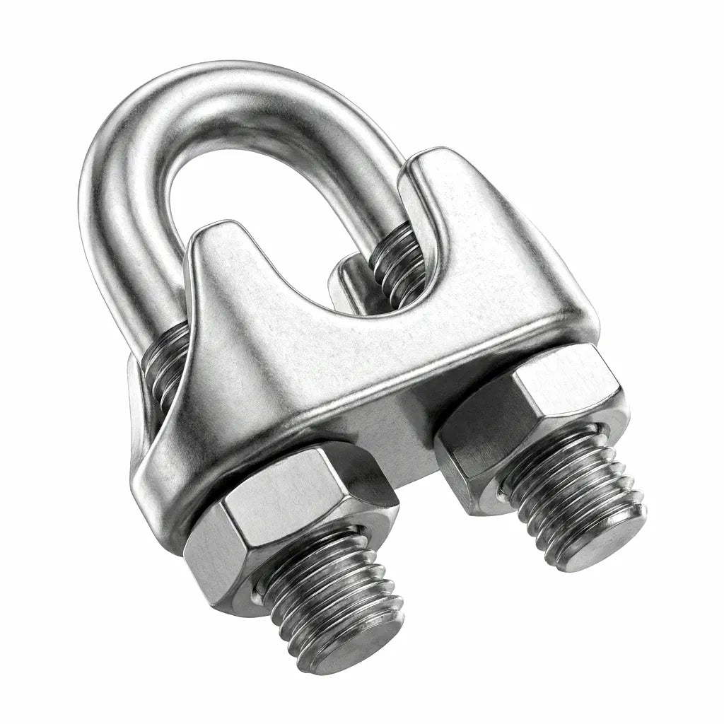 High-precision 316 stainless steel wire rope clamp featuring an assembled U-bolt, grooved saddle, and heavy hex nuts for secure industrial locking.
