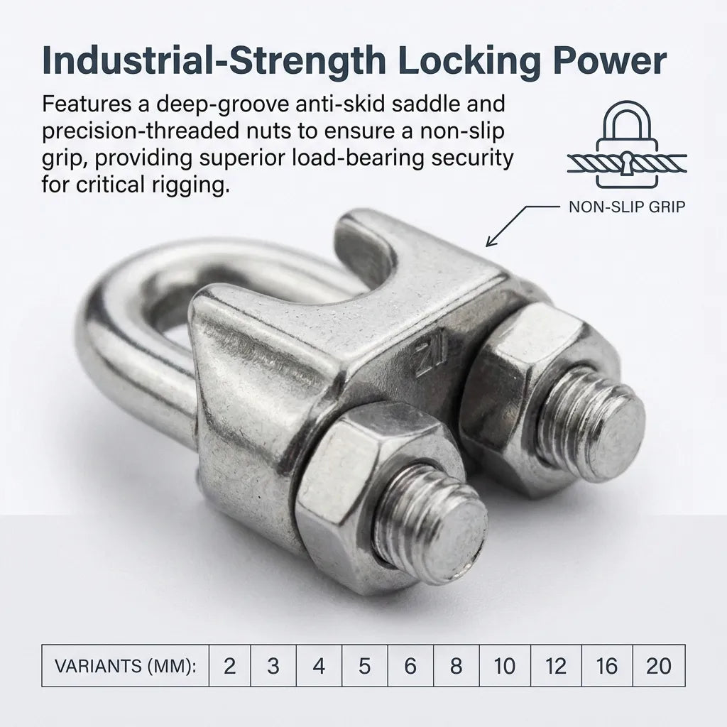 Diagram explaining the non-slip grip mechanism of the deep-groove anti-skid saddle and precision-threaded nut system.