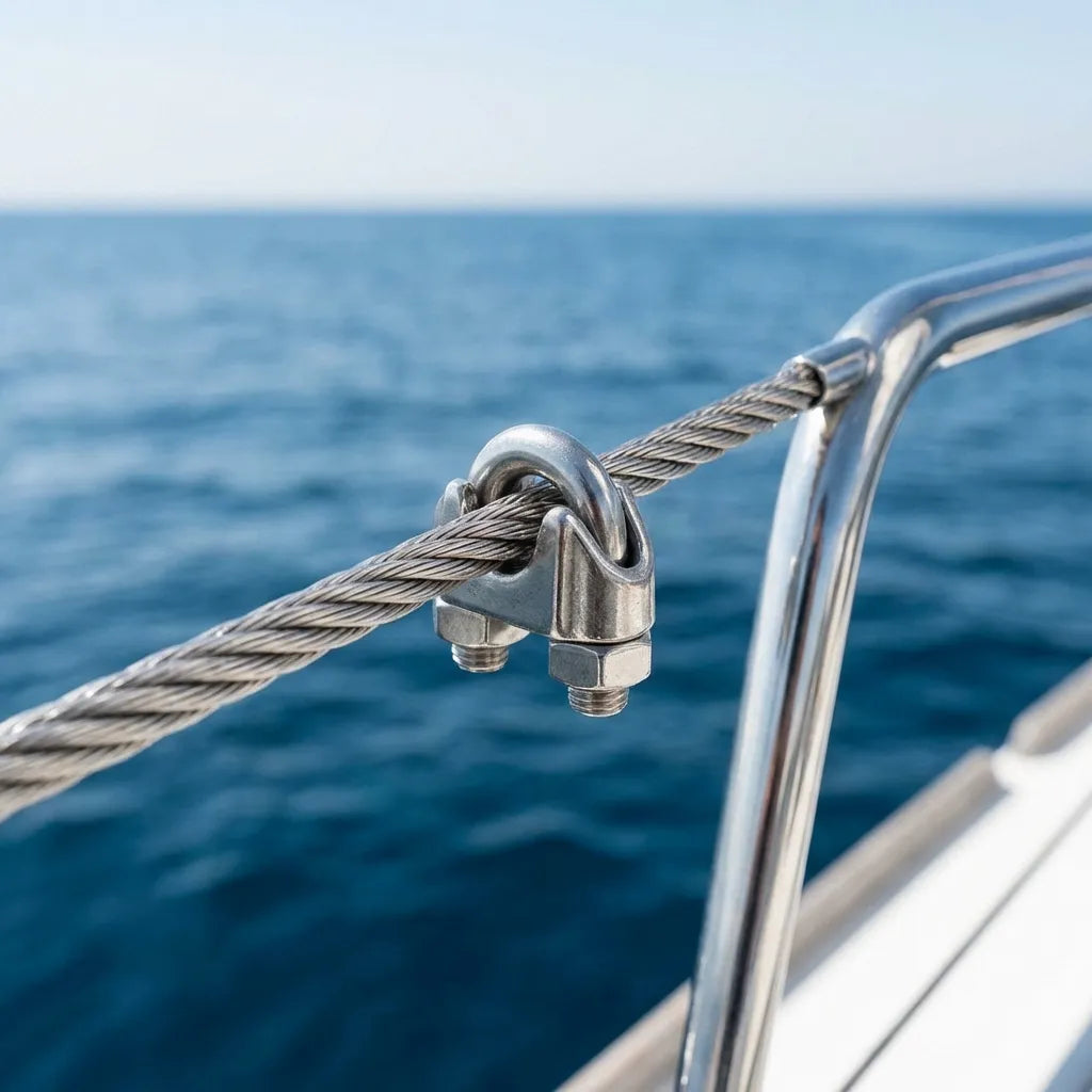 Marine-grade wire rope clip shown in a real-world application securing a safety cable on a yacht deck railing against an ocean background.