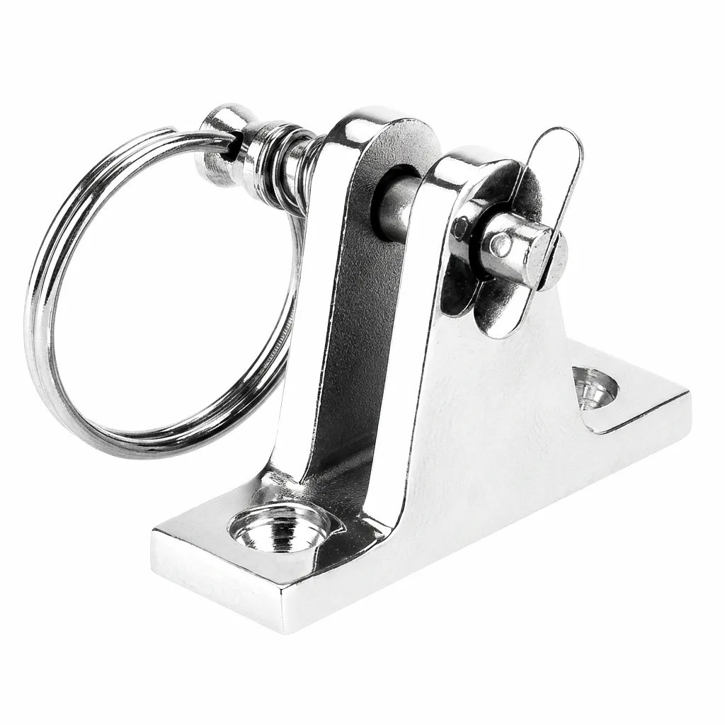 Isometric view of a precision-cast 316 stainless steel 90-degree bimini top deck hinge with a mirror-polished finish and quick-release ball pin on a white background.