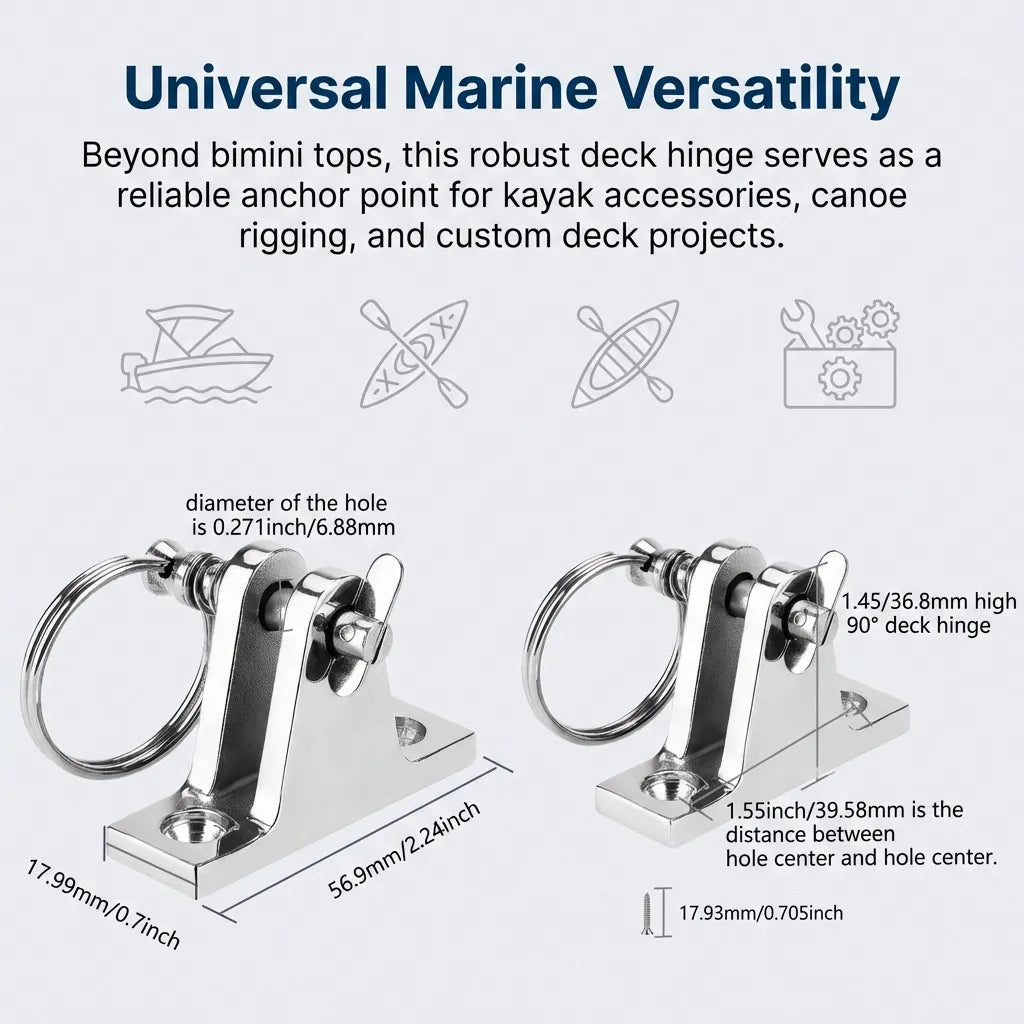 Icon-based graphic showcasing versatility for boats, kayaks, canoes, and custom deck projects with integrated mounting hole diameters.