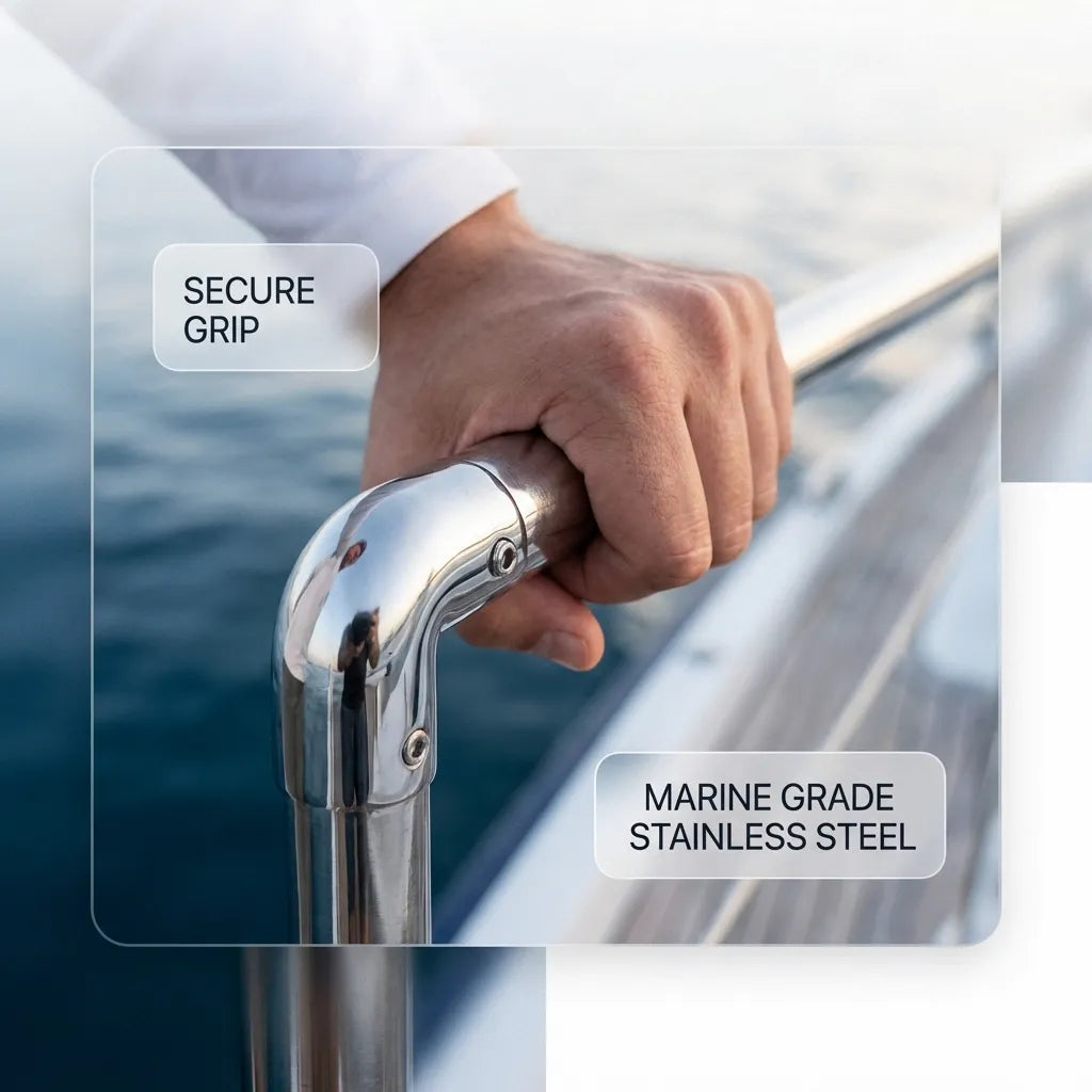 A hand gripping a secure marine handrail featuring the 90-degree elbow joint installed on a boat deck at sea.