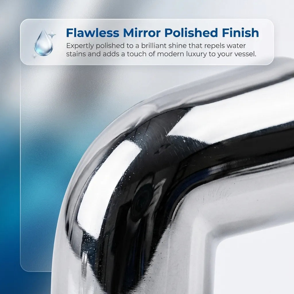 Extreme close-up macro photography showcasing the flawless mirror-polished finish and smooth radius of the marine elbow.