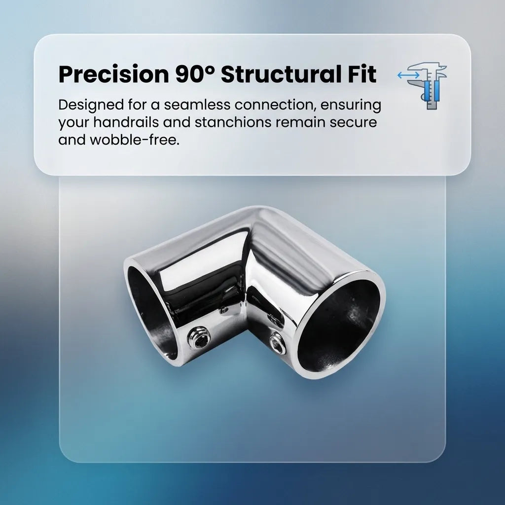 Precision engineering callout for the 90-degree structural fit, ensuring wobble-free rail connections.