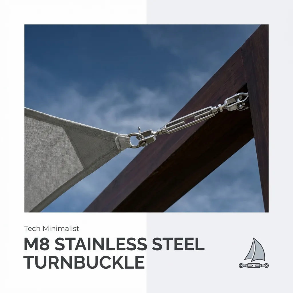 M8 stainless steel turnbuckle providing precision tension for an architectural sun shade sail on a wooden structure.