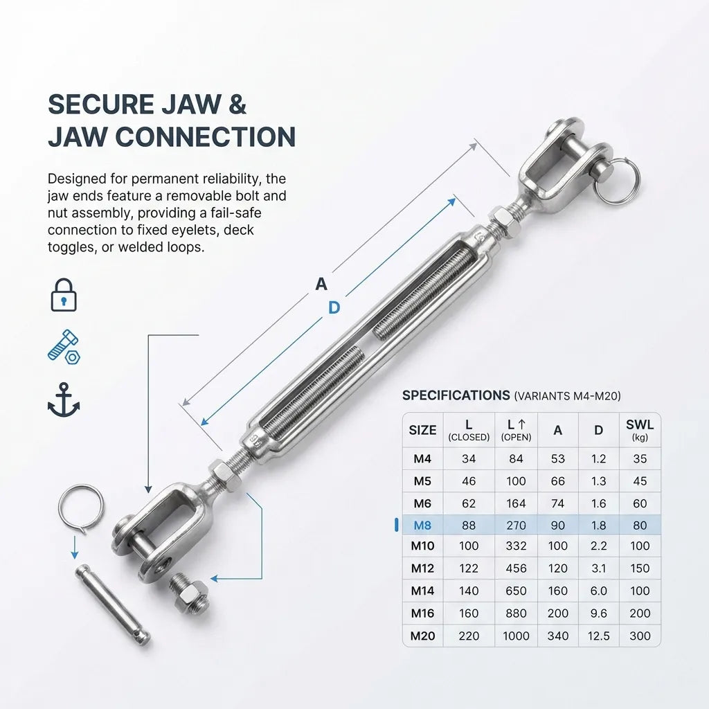 Safe Working Load (SWL) table for turnbuckle sizes M4 through M20 with pin and ring security details.