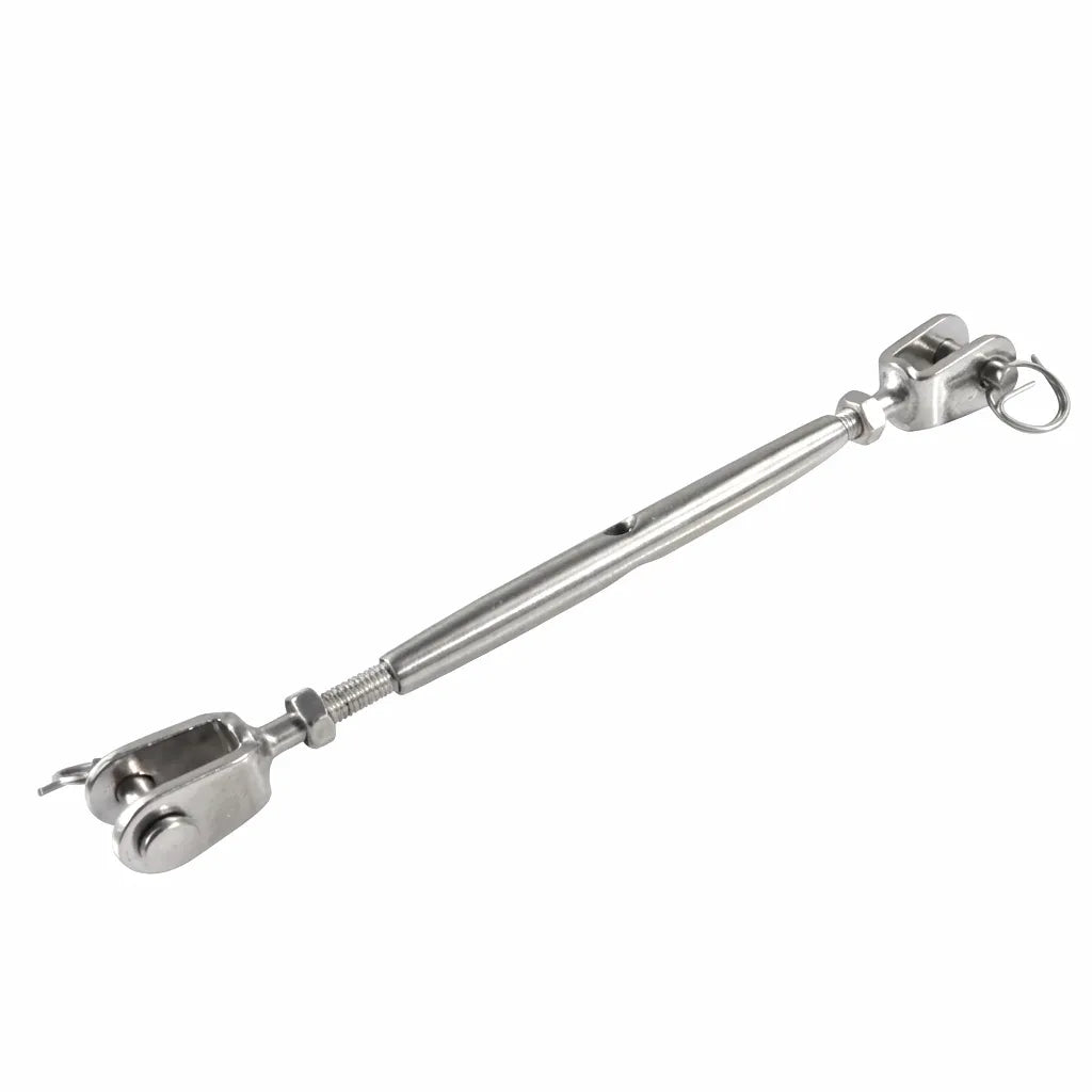 Mirror-polished AISI 316 stainless steel closed body turnbuckle with dual jaw end fittings on a white background.