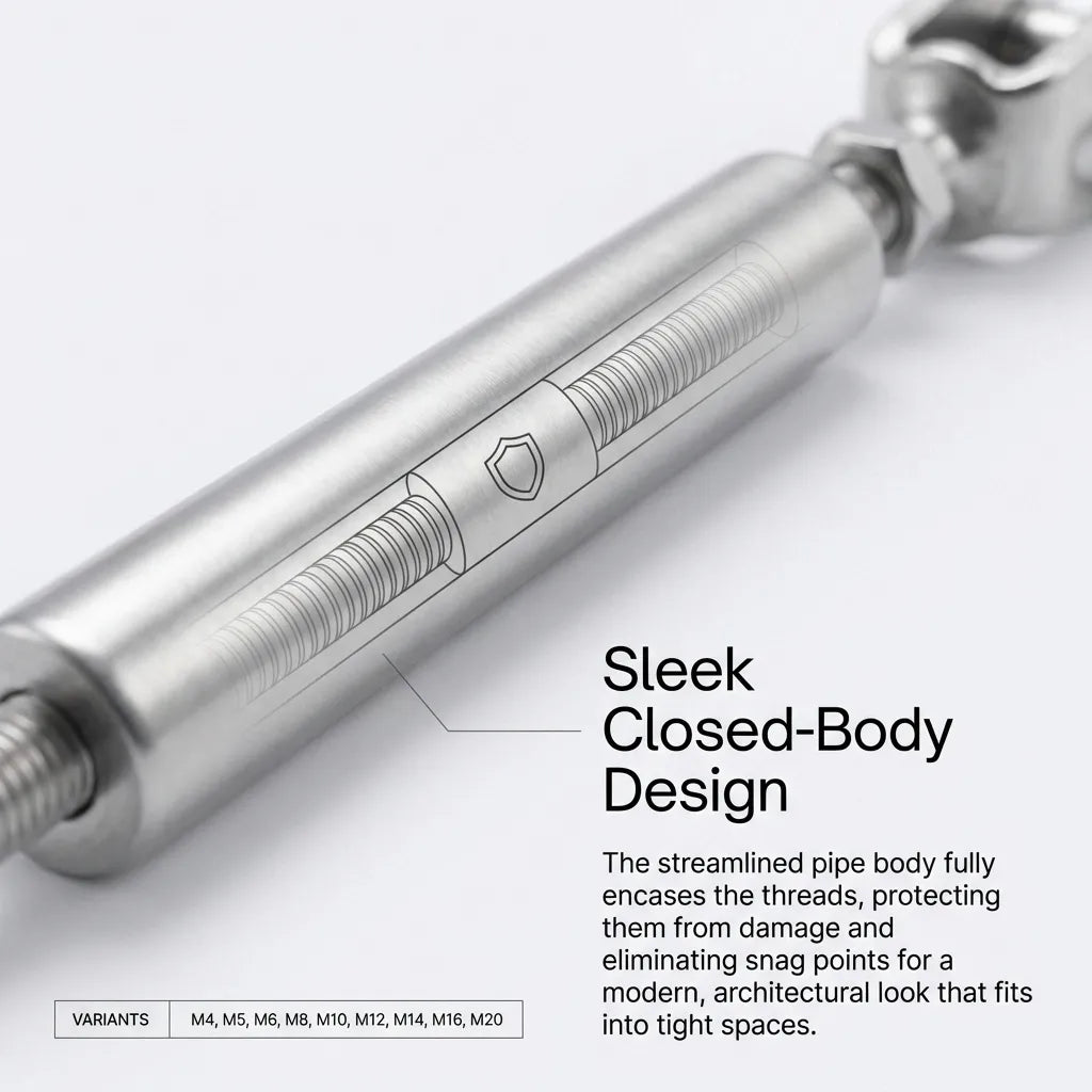 Close-up schematic of the streamlined pipe body encasing internal threads for snag-free architectural rigging.