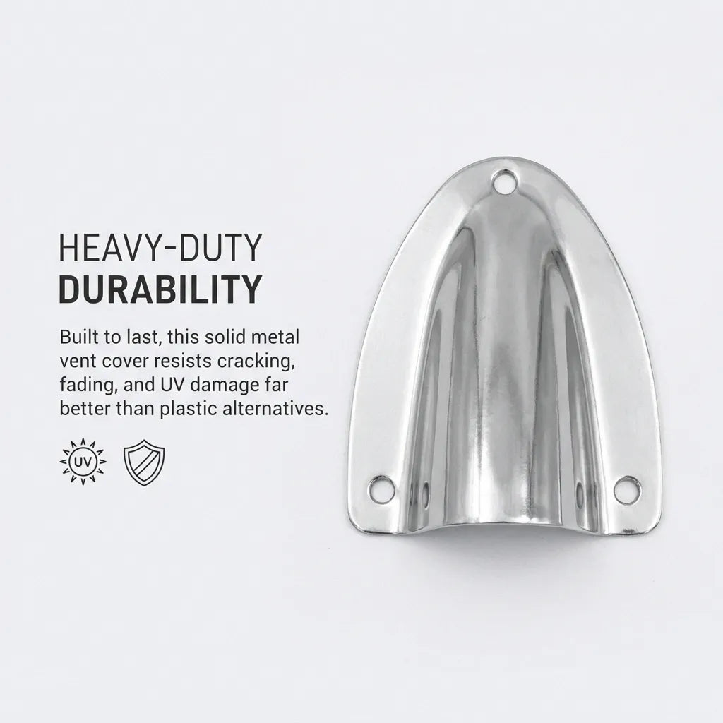 Diagram explaining the heavy-duty durability of solid metal vent covers which resist UV damage and cracking better than plastic alternatives.