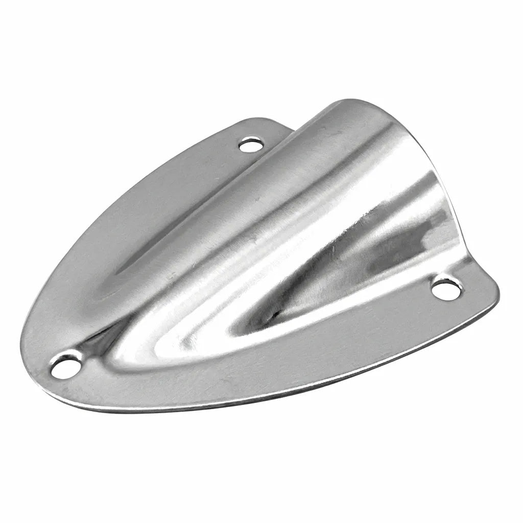 Mirror-polished 316 stainless steel midget clam shell vent cover on a white background, highlighting its sleek marine-grade stamped construction.