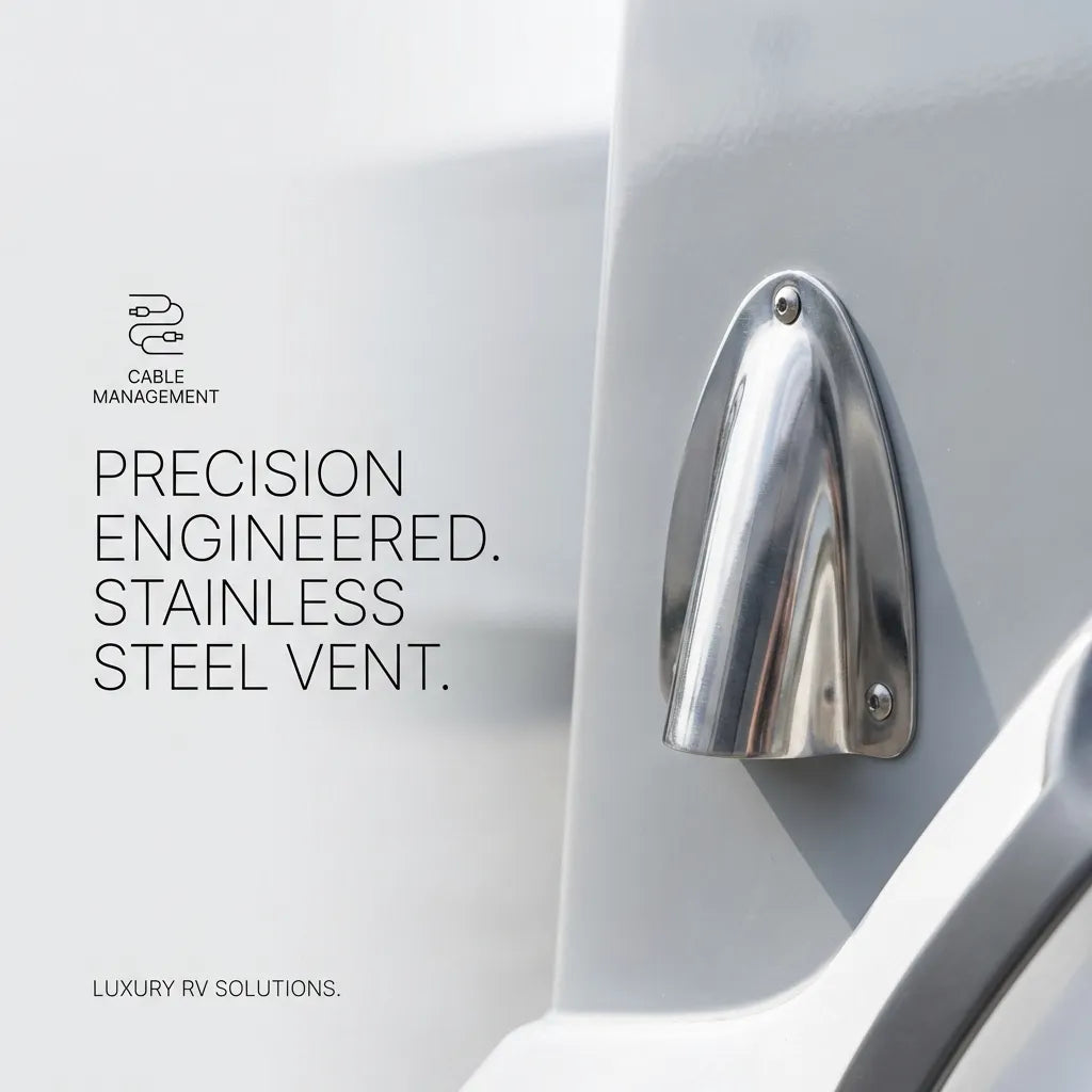 Vertical installation of a stainless steel vent cover on a luxury RV for streamlined cable management and weather protection.