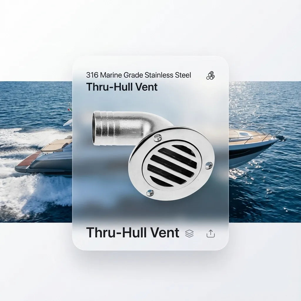 Graphic overlay of the thru-hull vent against a high-speed motor yacht cruising on the open ocean.
