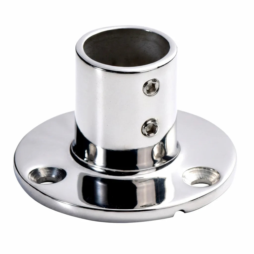 Mirror-polished 316 stainless steel 90-degree round base handrail fitting for marine vessels featuring dual hex set screws on a pure white background.