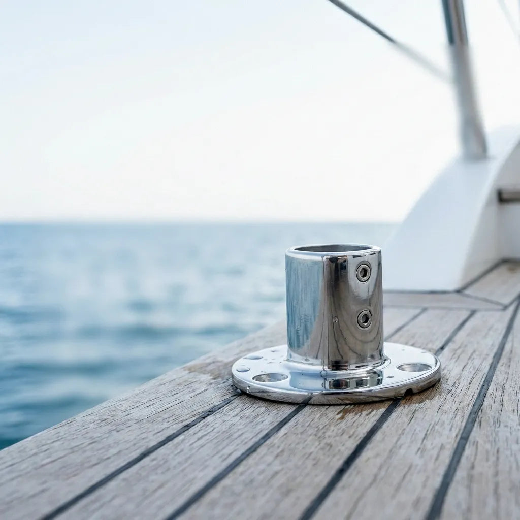 The 90-degree round base fitting mounted on a teak wood deck of a luxury boat showing high-gloss reflection.
