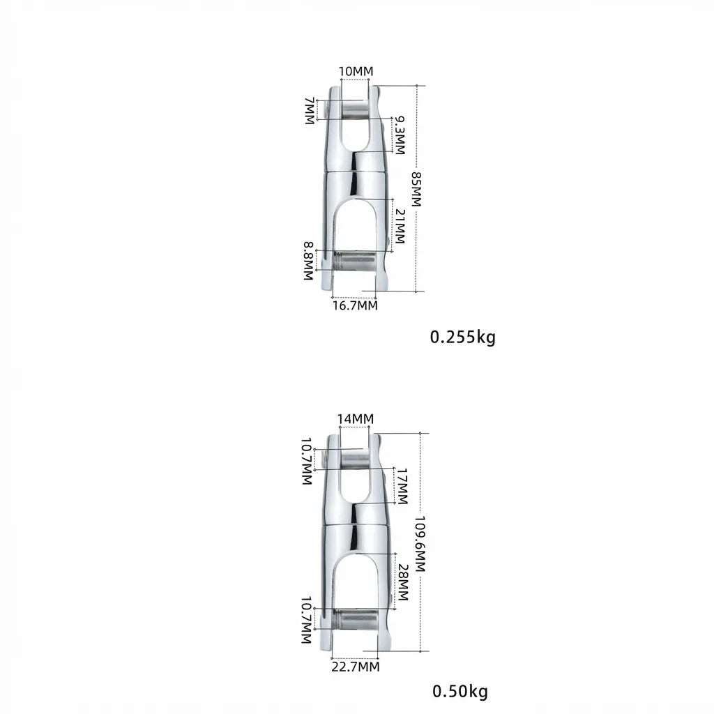 Technical blueprint showing measurements for 6-8mm (85mm length) and 10-12mm (109.6mm length) swivel variations.