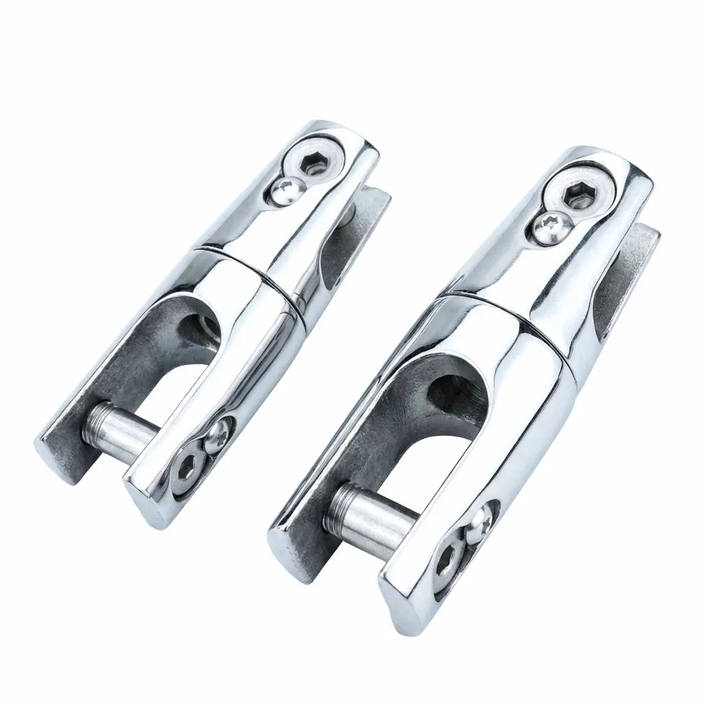 Dual marine-grade 316 stainless steel boat anchor swivel connectors showing mirror polish and heavy-duty clevis pins on a white background.