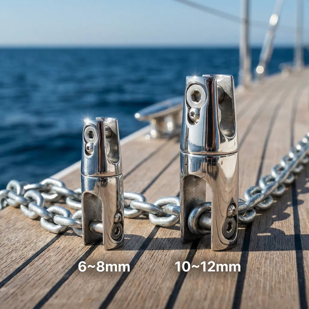 High-tensile anchor swivel connectors installed on a teak boat deck connected to galvanized anchor chains.