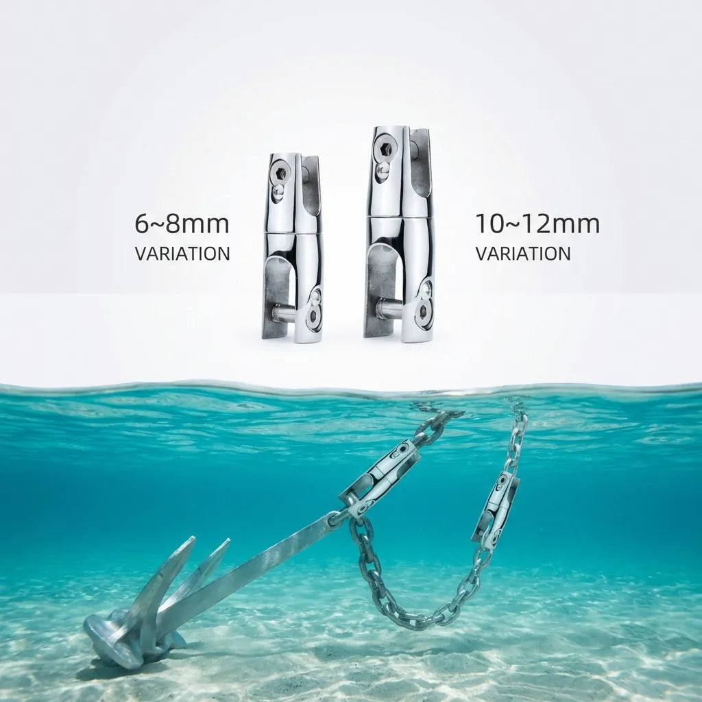 Underwater schematic showing the 316 stainless steel swivel preventing chain twisting between the anchor and the vessel.
