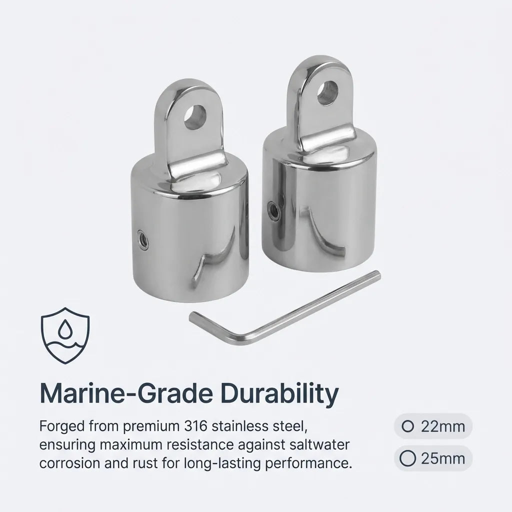 Close-up of the bimini eye ends with text highlighting marine-grade durability and saltwater corrosion resistance of forged 316 stainless steel.