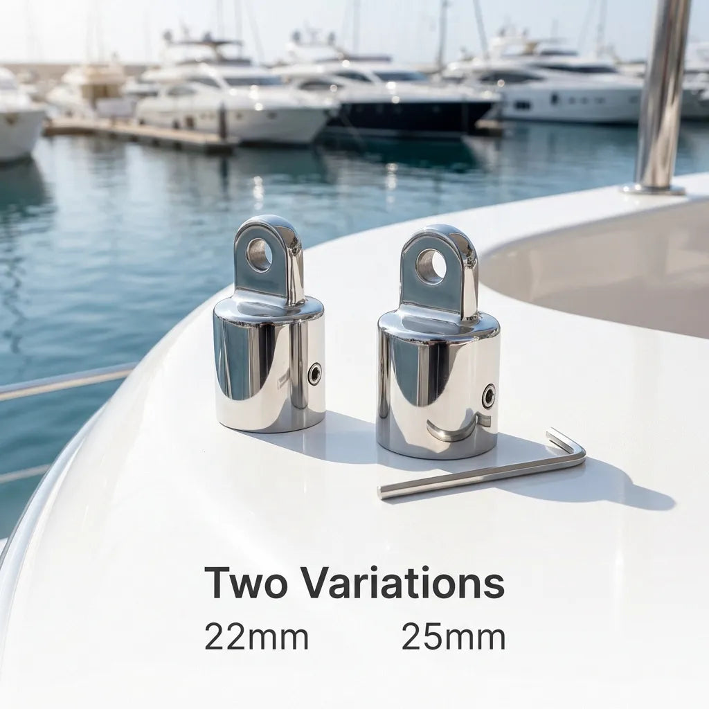 Two polished marine eye end fittings placed on a luxury yacht deck in a marina setting, demonstrating real-world scale and high-luster finish.