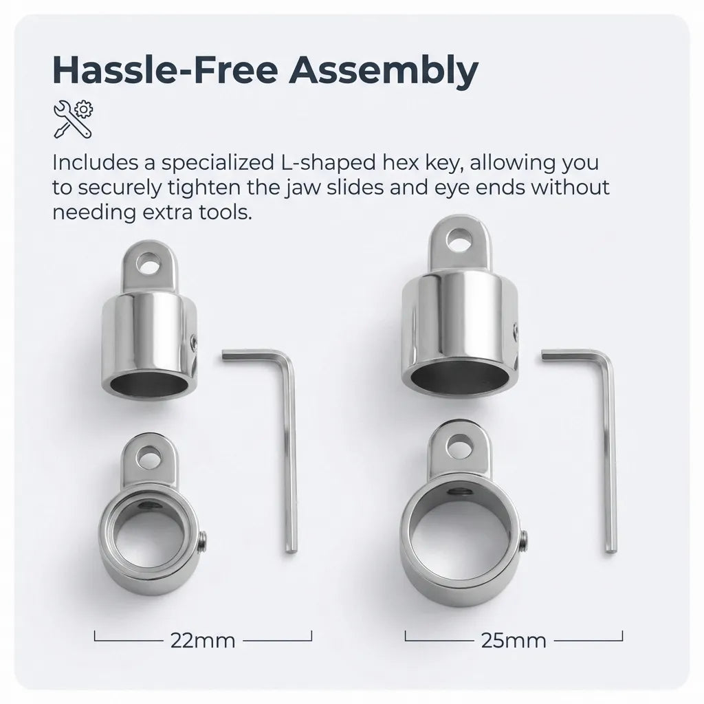 Diagram showing 22mm and 25mm eye end and jaw slide configurations with the included L-shaped hex key for tool-free assembly.