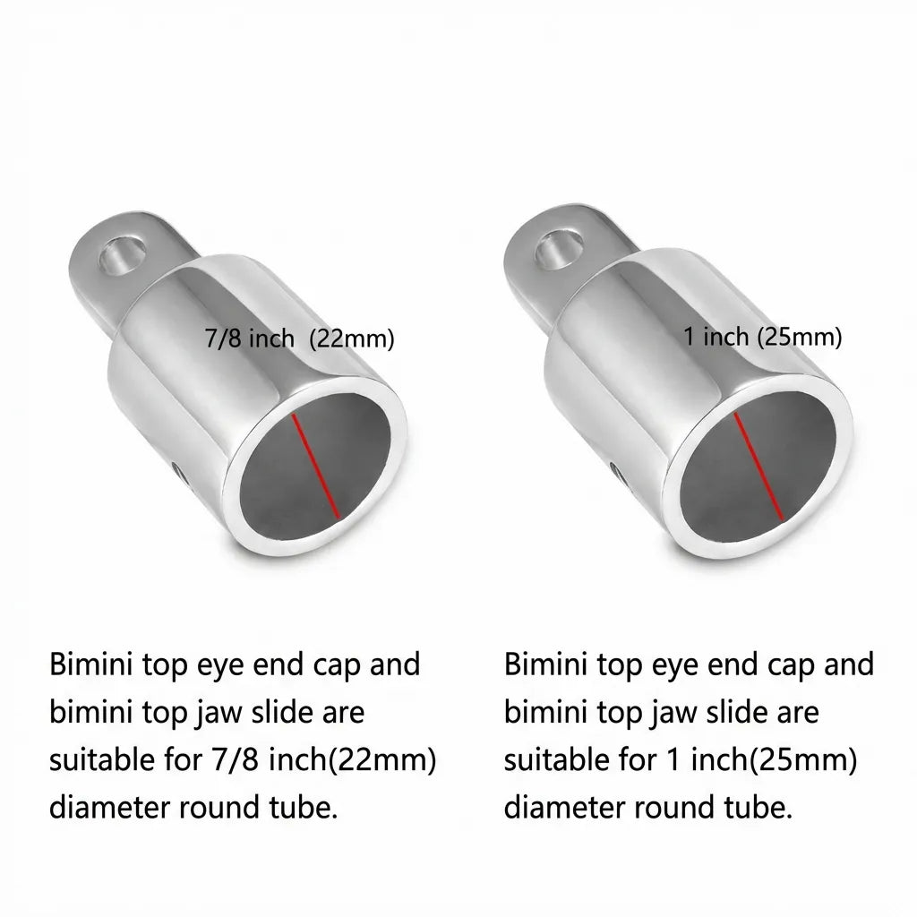 Cross-sectional diagram indicating that the bimini top eye end caps are suitable for 7/8 inch (22mm) and 1 inch (25mm) diameter round tubing.