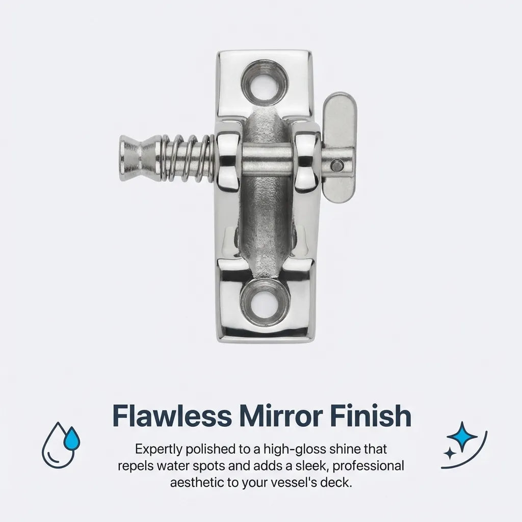 Top-down view of the swivel hinge demonstrating the flawless mirror polish finish and mounting hole alignment.