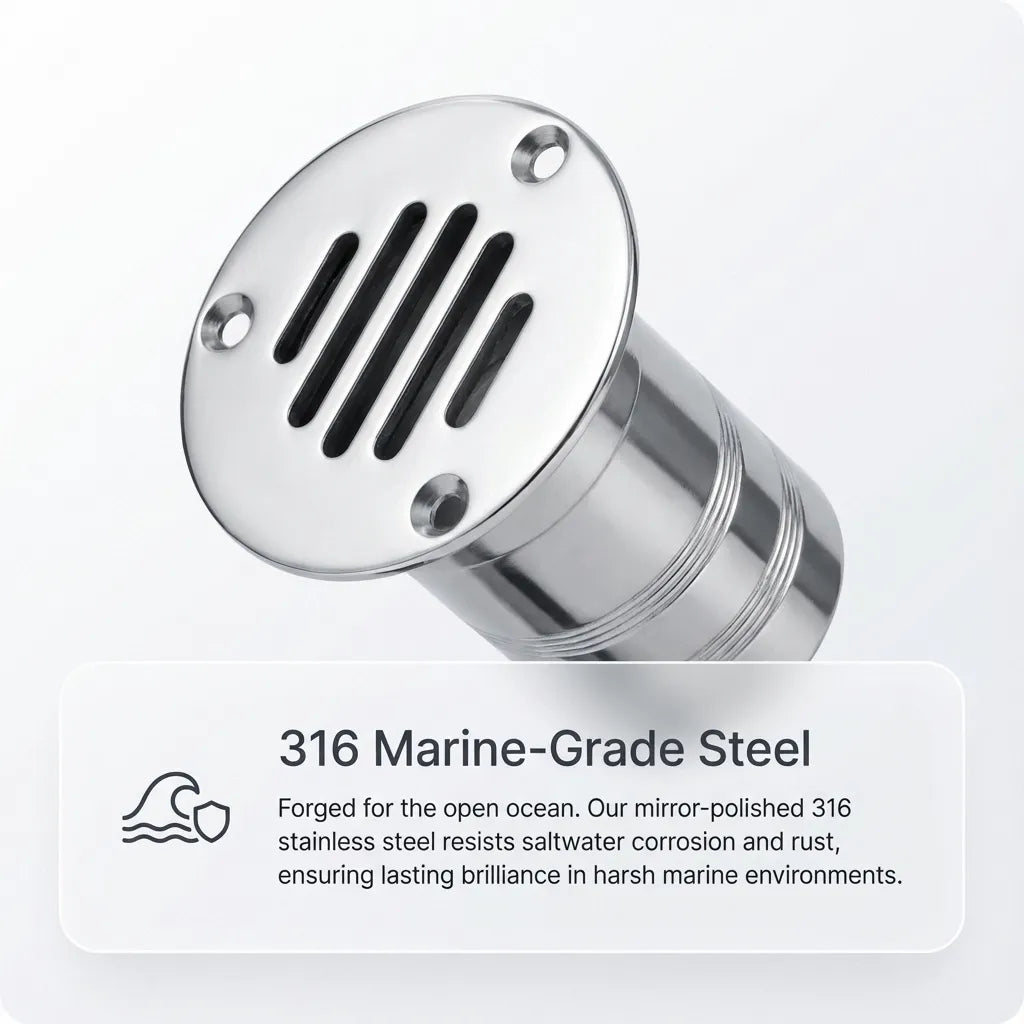 Macro detail shot of the mirror-polished flange with text highlighting forged 316 marine-grade steel for maximum saltwater corrosion resistance.