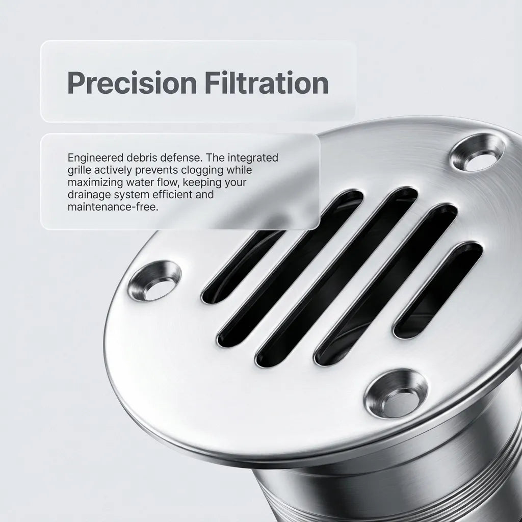 Close-up of the integrated grille showing precision-machined filtration slats designed to prevent debris clogging while maintaining high water flow.