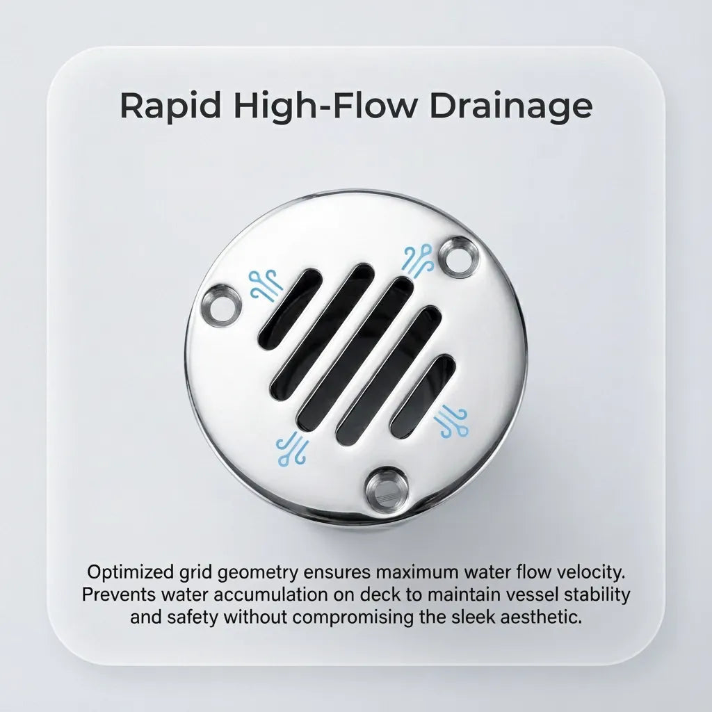 Top-down view of the scupper drain with blue flow icons illustrating optimized grid geometry for rapid water evacuation from the deck.