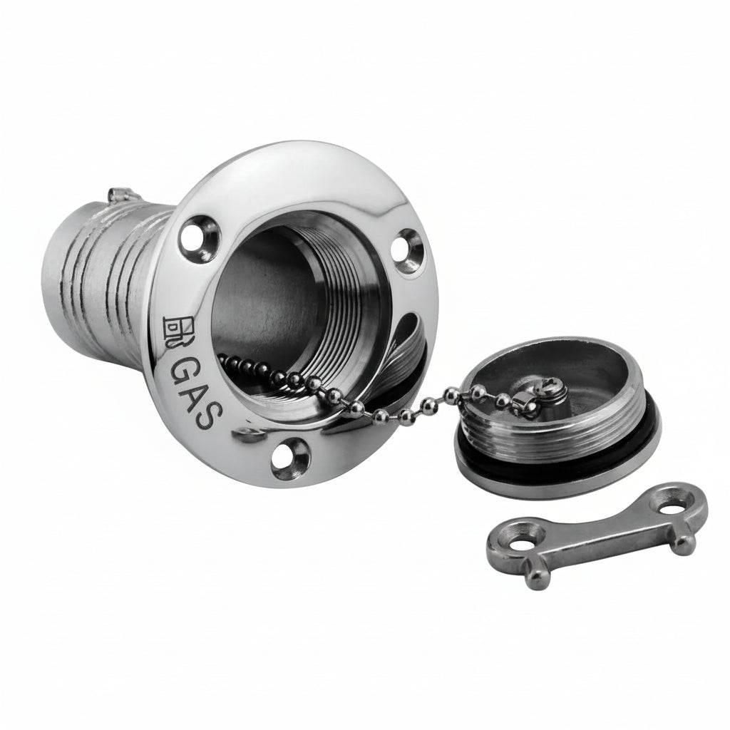 Mirror-polished 316 stainless steel boat deck fill for gas tanks with open cap showing retaining chain and deck key on white background.