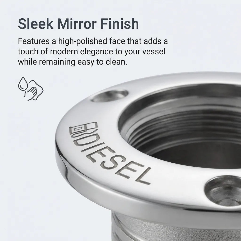Extreme close-up of the 'DIESEL' cast labeling on the high-polish 316 stainless steel deck fill flange.