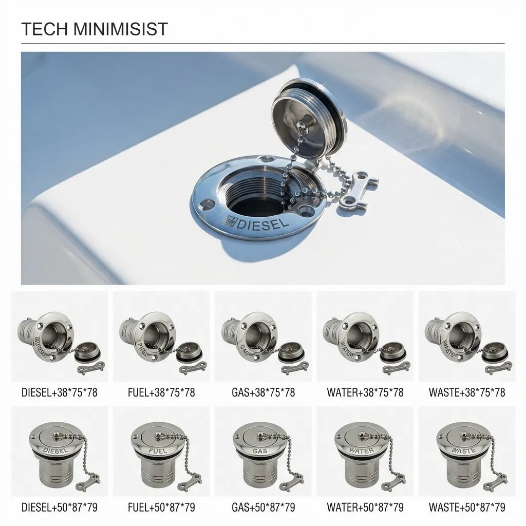 Product selection grid showing various deck fill types including Diesel, Fuel, Gas, Water, and Waste in 38mm and 50mm sizes.