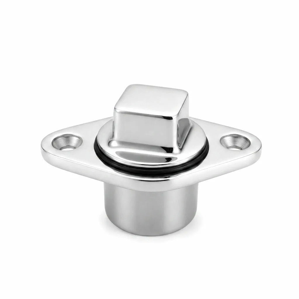 High-precision mirror polished 316 stainless steel boat drain plug with square drive, flanged base, and black rubber O-ring seal.