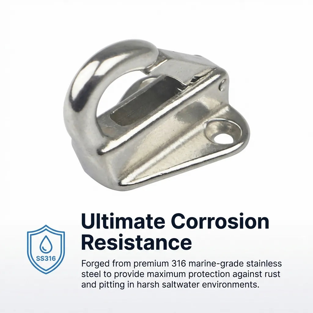 Detail view of the fender hook with an icon certifying 316 marine-grade stainless steel construction for maximum protection against saltwater pitting.