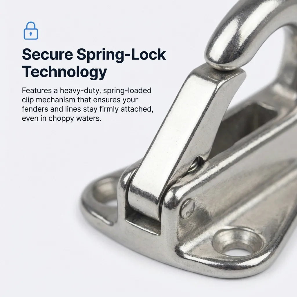 Extreme close-up focusing on the heavy-duty spring-loaded clip mechanism designed to secure lines and fenders in choppy water conditions.