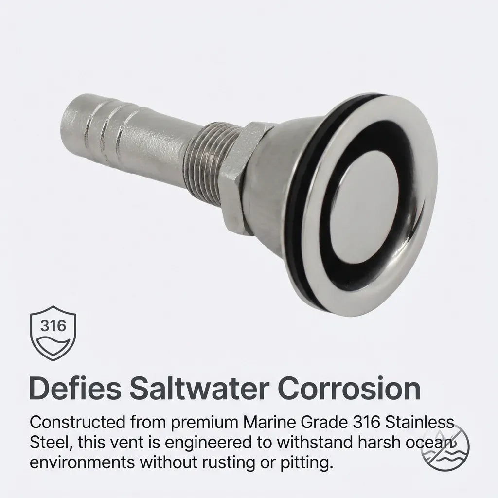 Close-up highlighting the 316 marine grade stainless steel construction designed to defy saltwater corrosion and pitting.