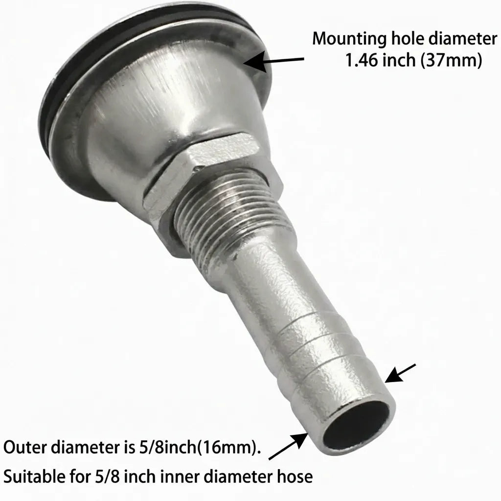 Technical diagram indicating a 1.46 inch (37mm) mounting hole diameter and 5/8 inch (16mm) outer diameter for the hose barb fitting.