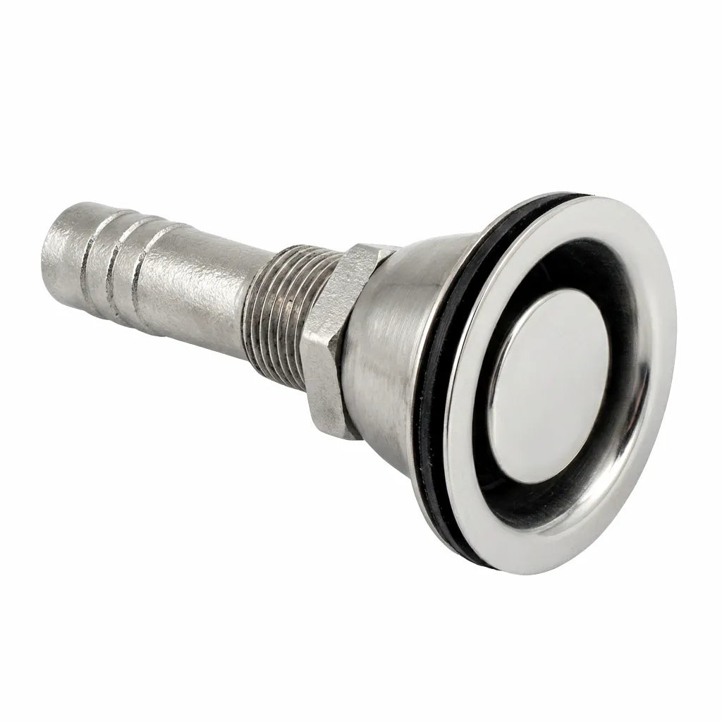 Hero shot of a 316 marine-grade stainless steel boat fuel tank vent with mirror-polished finish and 5/8 inch barbed hose connection.