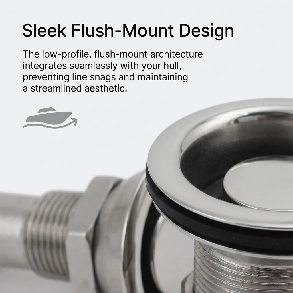 Detail view of the sleek flush-mount architecture that prevents line snags while maintaining a streamlined hull aesthetic.