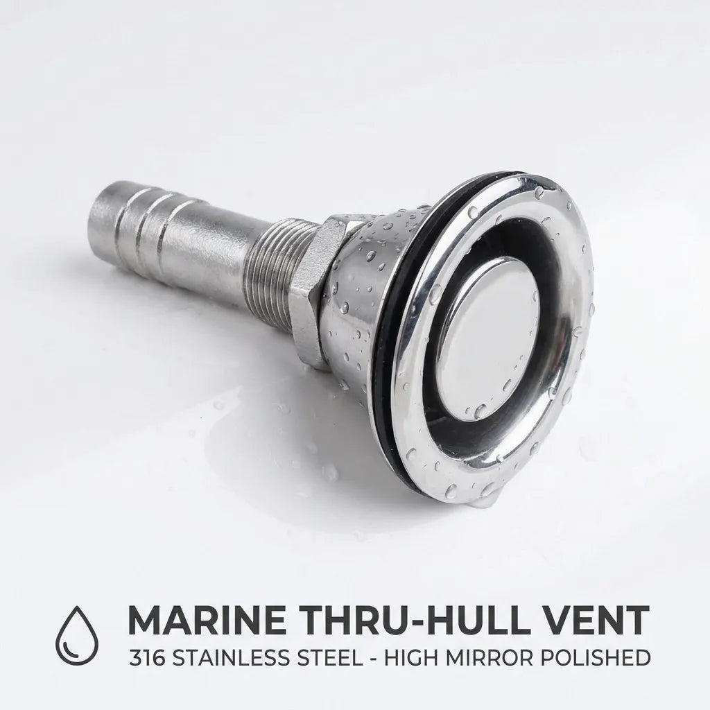 A close-up of the mirror-polished thru-hull vent with water droplets demonstrating high-reflectivity surface finish.