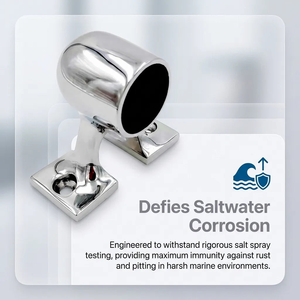 Graphic showing saltwater corrosion resistance properties of 316 stainless steel marine hardware with salt spray testing data.