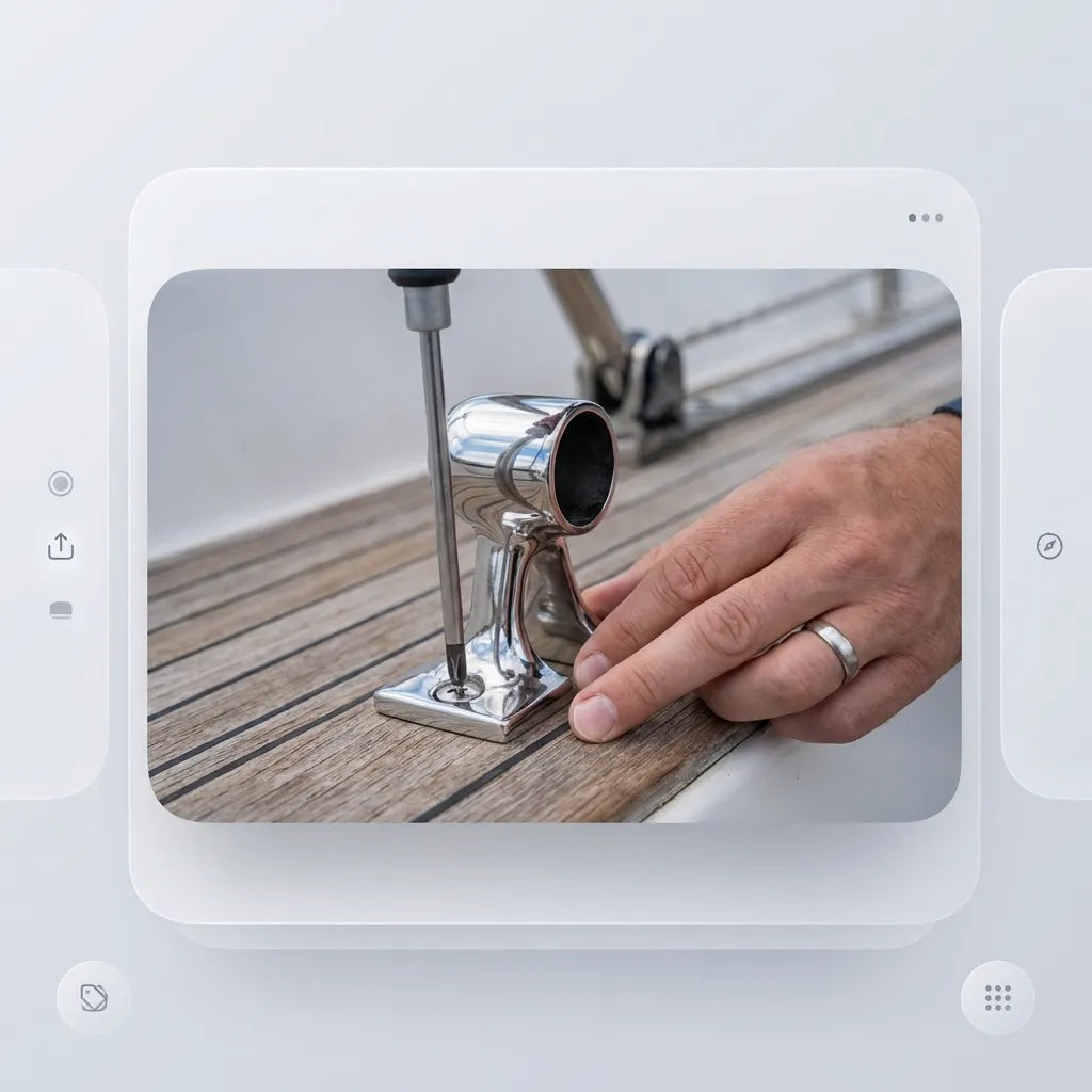 Close-up of a technician installing a 316 stainless steel handrail base onto a teak boat deck using a screwdriver.
