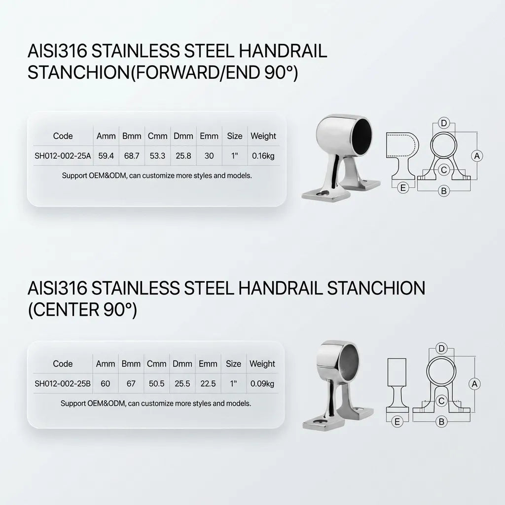 Detailed dimension drawing and specification table for SH012-002-25A and 25B 90 degree forward and center stanchion bases.