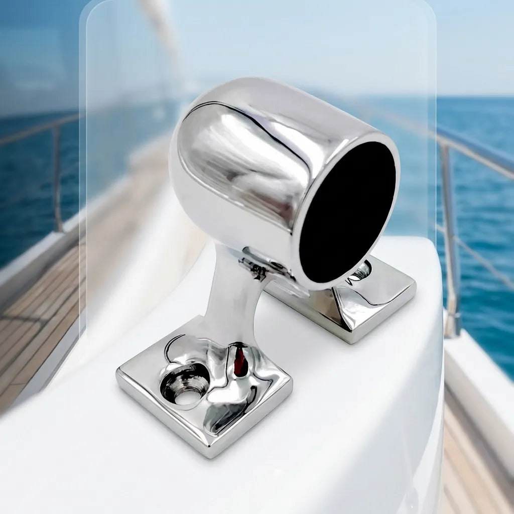 Marine grade stainless steel handrail stanchion base installed on a luxury yacht deck with ocean background.