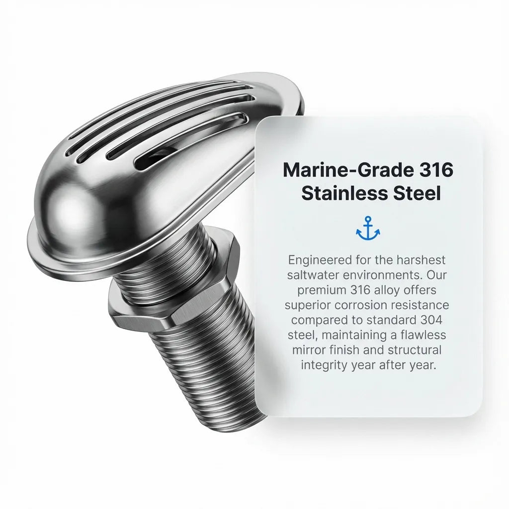 Technical detail shot emphasizing the high-corrosion resistance of the 316 alloy compared to standard 304 steel for harsh saltwater environments.