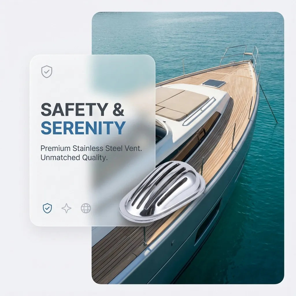 Lifestyle image of a yacht deck with the stainless steel vent overlaid, emphasizing safety and water accumulation prevention.